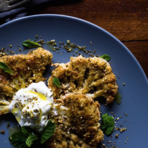 Za’atar Crusted Cauliflower Steaks with Mint, Yogurt and Garlic Oil